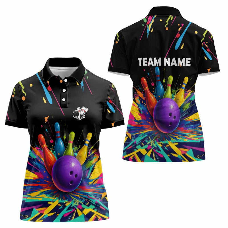 Custom Bowling Strike Design Colorful Pins and Purple Ball in Abstract Splatter Art Style Women Polo Shirt