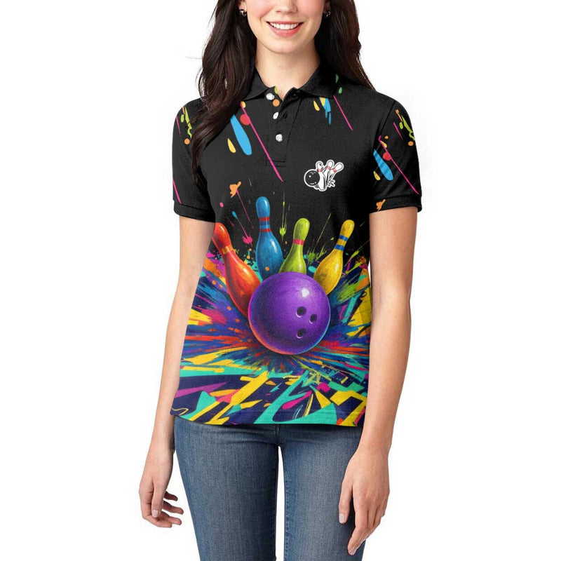 Custom Bowling Strike Design Colorful Pins and Purple Ball in Abstract Splatter Art Style Women Polo Shirt