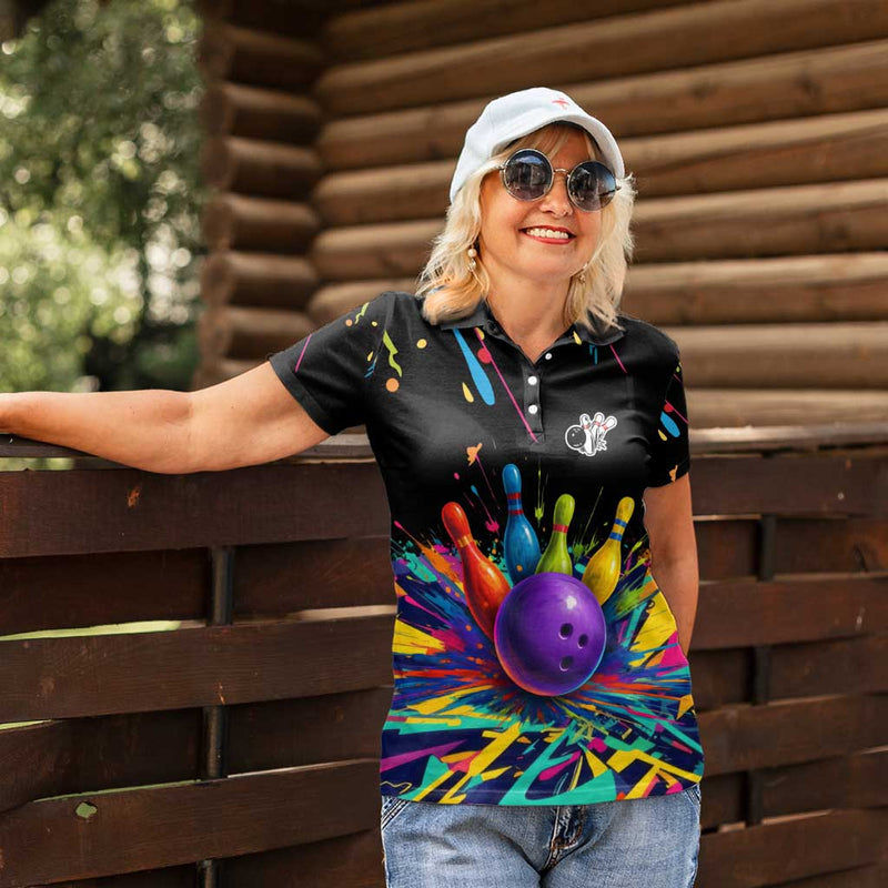 Custom Bowling Strike Design Colorful Pins and Purple Ball in Abstract Splatter Art Style Women Polo Shirt