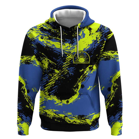 Abstract Blue and Yellow Bowling Ball Strike Design with Custom Name Print Hoodie