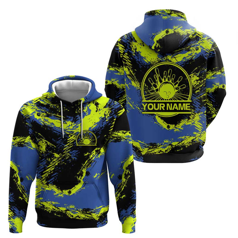 Abstract Blue and Yellow Bowling Ball Strike Design with Custom Name Print Hoodie