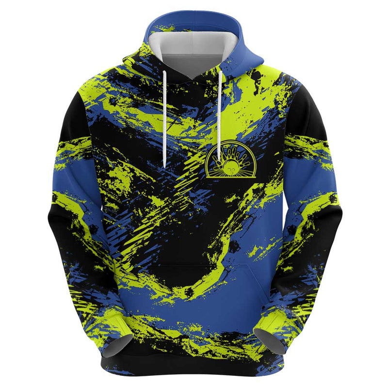Abstract Blue and Yellow Bowling Ball Strike Design with Custom Name Print Hoodie