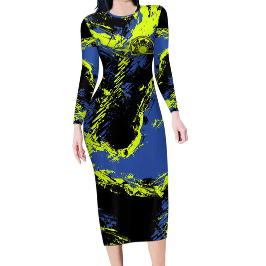 Abstract Blue And Yellow Bowling Ball Strike Design With Custom Name Print Long Sleeve Bodycon Dress