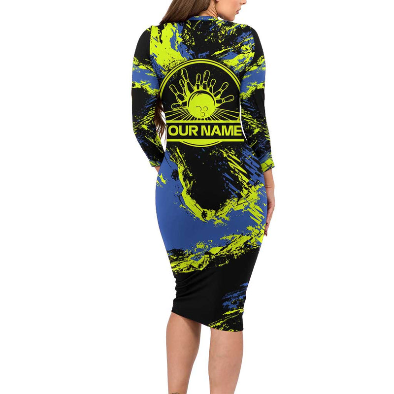 Abstract Blue And Yellow Bowling Ball Strike Design With Custom Name Print Long Sleeve Bodycon Dress