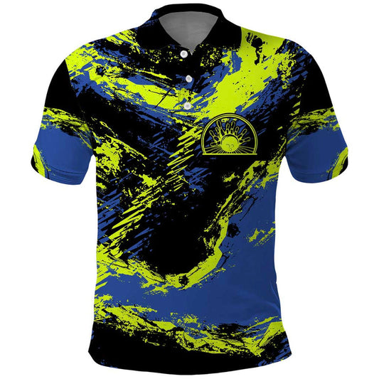 Abstract Blue and Yellow Bowling Ball Strike Design with Custom Name Print Polo Shirt