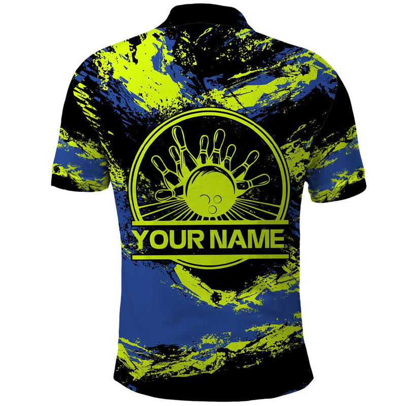 Abstract Blue and Yellow Bowling Ball Strike Design with Custom Name Print Polo Shirt