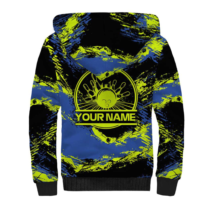 Abstract Blue and Yellow Bowling Ball Strike Design with Custom Name Print Sherpa Hoodie
