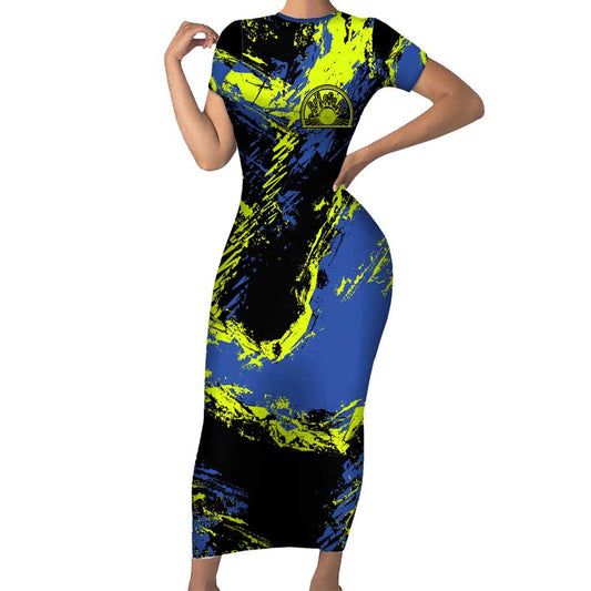 Abstract Blue And Yellow Bowling Ball Strike Design With Custom Name Print Short Sleeve Bodycon Dress