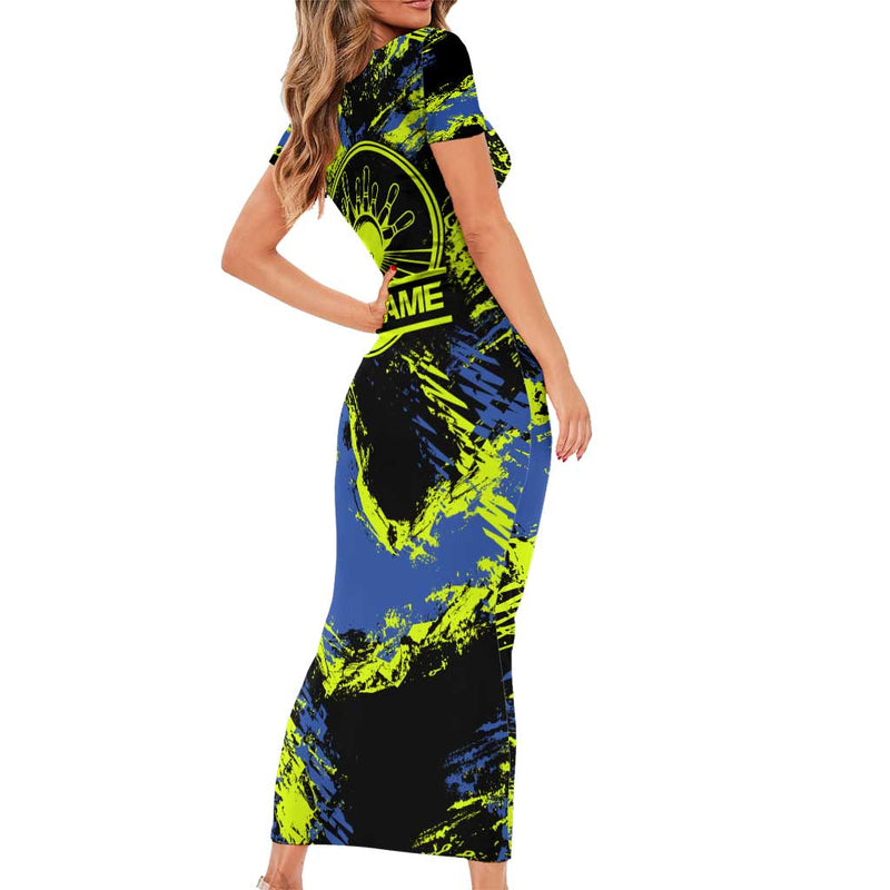 Abstract Blue And Yellow Bowling Ball Strike Design With Custom Name Print Short Sleeve Bodycon Dress
