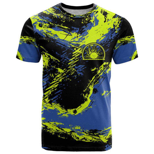 Abstract Blue and Yellow Bowling Ball Strike Design with Custom Name Print T Shirt