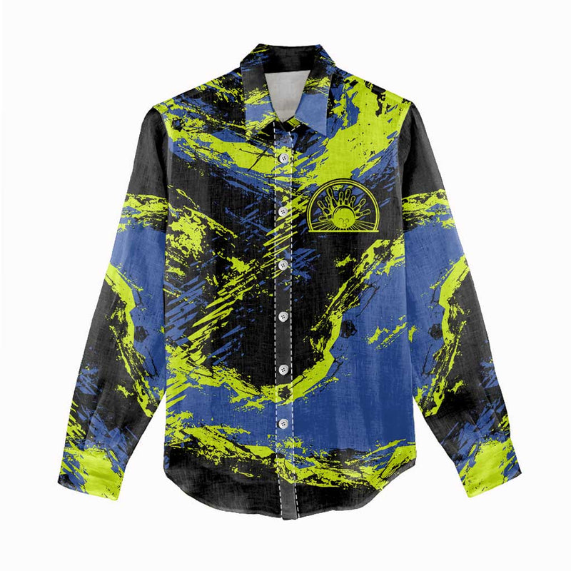 Abstract Blue and Yellow Bowling Ball Strike Design with Custom Name Print Women Casual Shirt