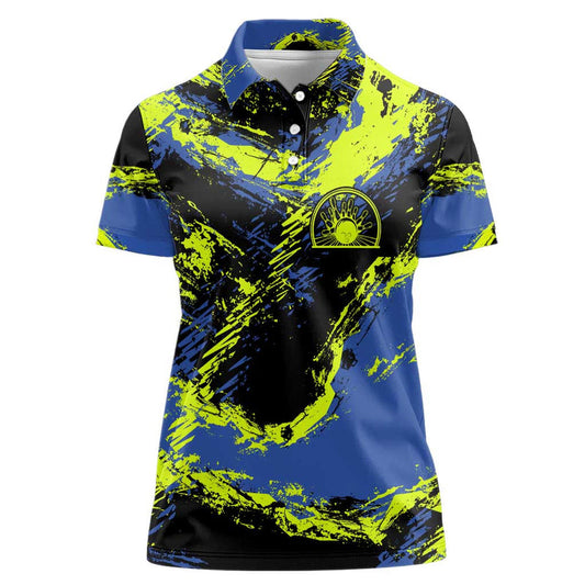 Abstract Blue and Yellow Bowling Ball Strike Design with Custom Name Print Women Polo Shirt