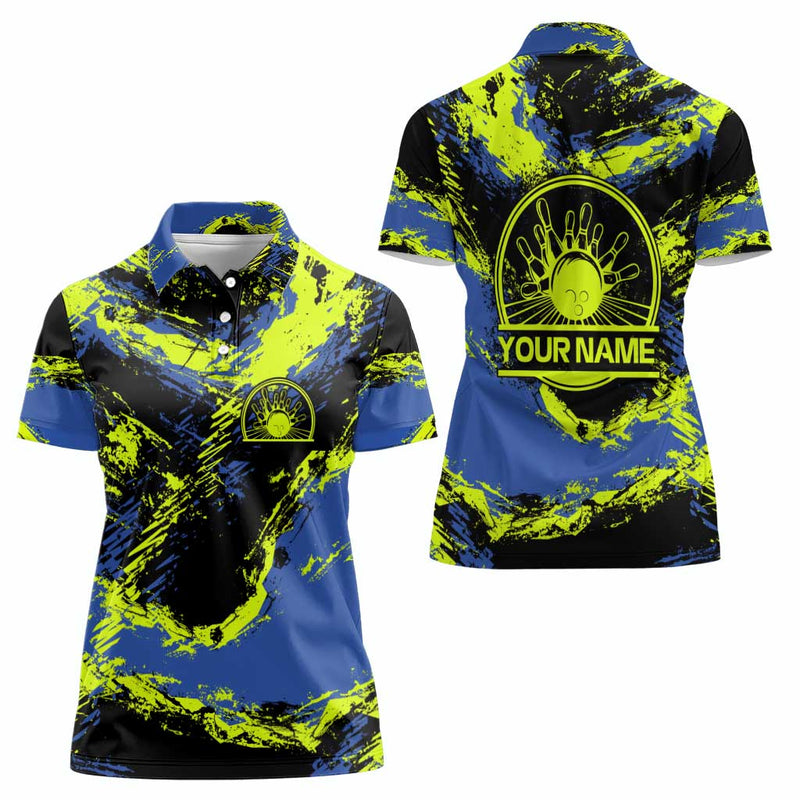 Abstract Blue and Yellow Bowling Ball Strike Design with Custom Name Print Women Polo Shirt