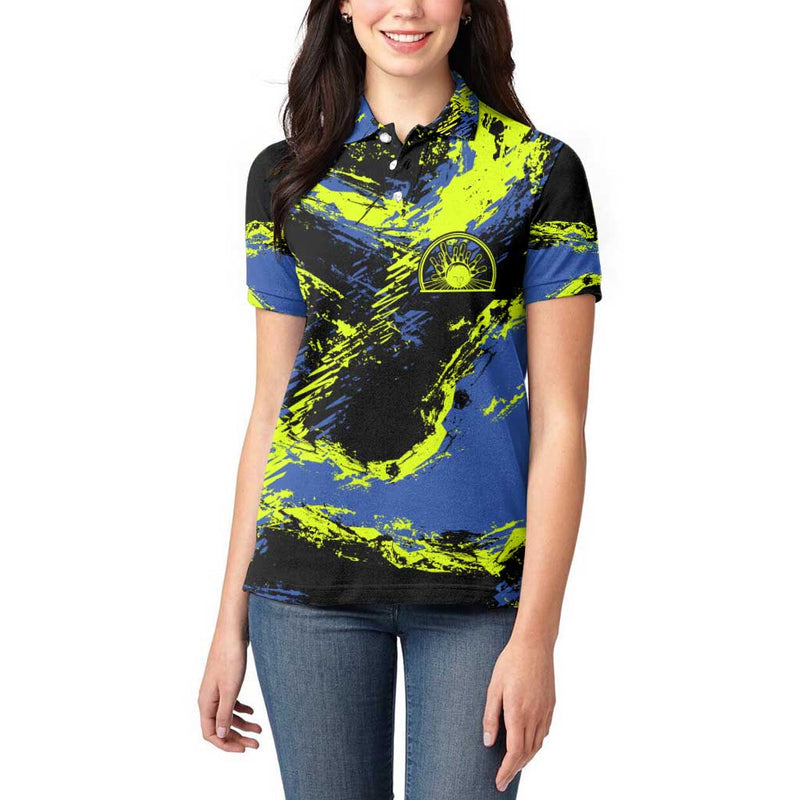 Abstract Blue and Yellow Bowling Ball Strike Design with Custom Name Print Women Polo Shirt
