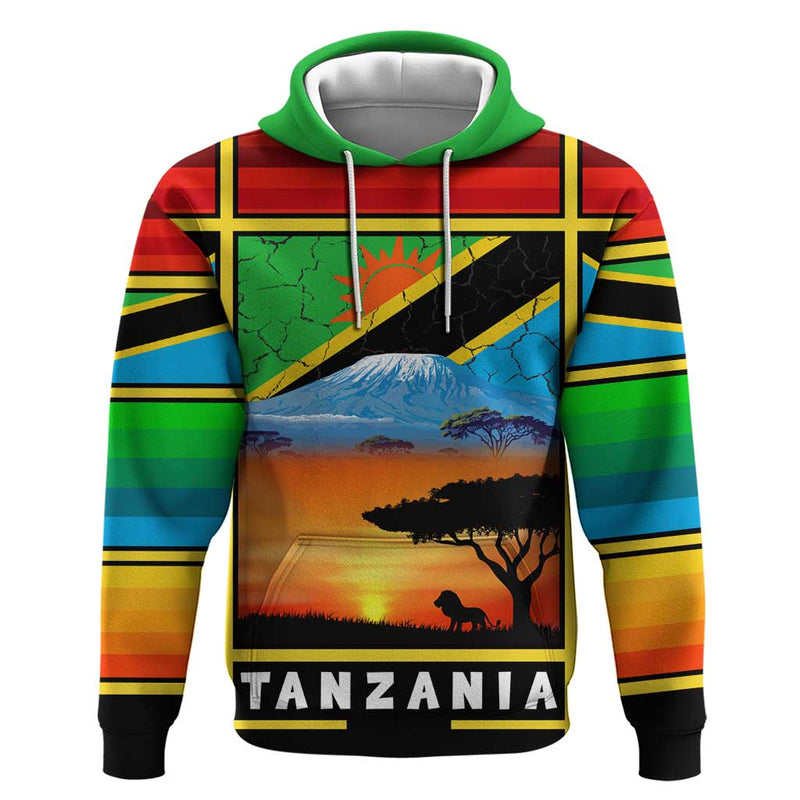 African Sunset Design with Flag Map Mount Kilimanjaro and Wildlife Scene Hoodie