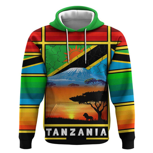 African Sunset Design with Flag Map Mount Kilimanjaro and Wildlife Scene Hoodie