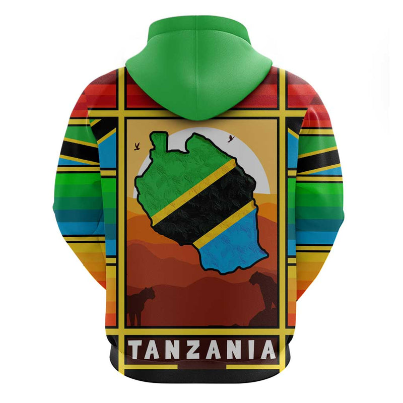 African Sunset Design with Flag Map Mount Kilimanjaro and Wildlife Scene Hoodie