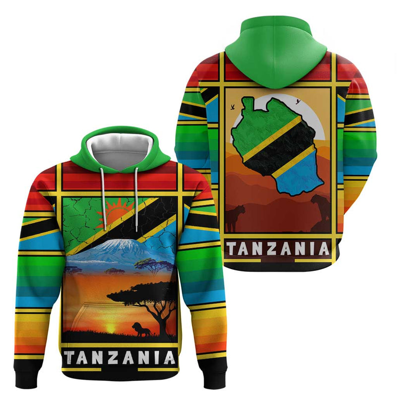 African Sunset Design with Flag Map Mount Kilimanjaro and Wildlife Scene Hoodie