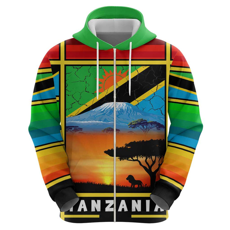 African Sunset Design with Flag Map Mount Kilimanjaro and Wildlife Scene Hoodie
