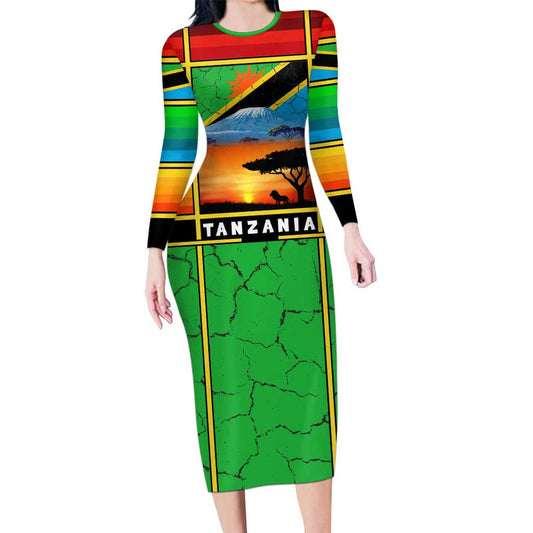 African Sunset Design With Flag Map Mount Kilimanjaro And Wildlife Scene Long Sleeve Bodycon Dress