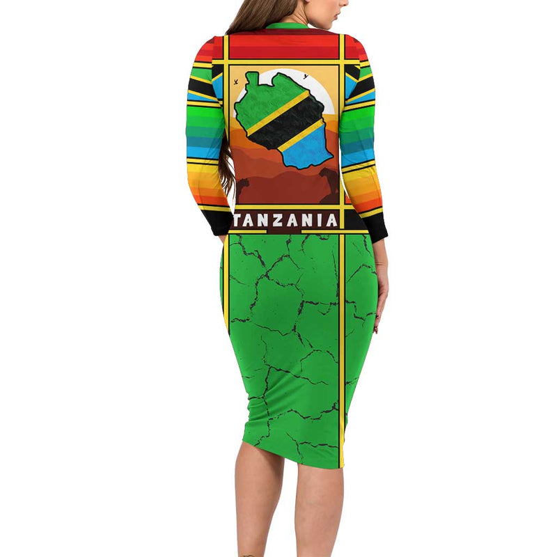 African Sunset Design With Flag Map Mount Kilimanjaro And Wildlife Scene Long Sleeve Bodycon Dress