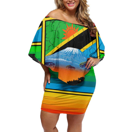 African Sunset Design With Flag Map Mount Kilimanjaro And Wildlife Scene Off Shoulder Short Dress