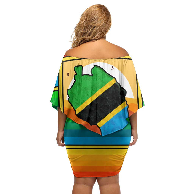 African Sunset Design With Flag Map Mount Kilimanjaro And Wildlife Scene Off Shoulder Short Dress