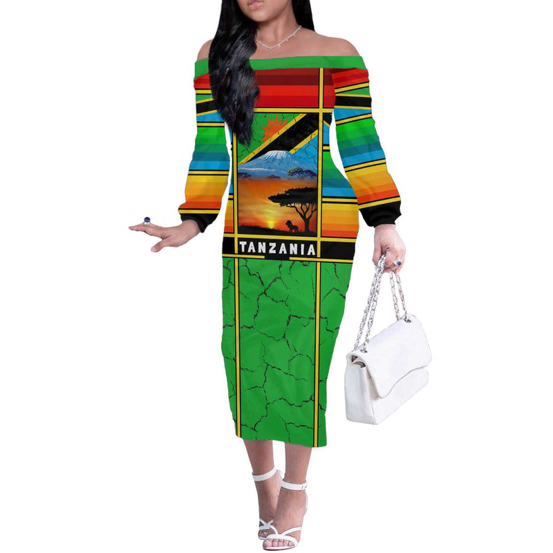 African Sunset Design With Flag Map Mount Kilimanjaro And Wildlife Scene Off The Shoulder Long Sleeve Dress