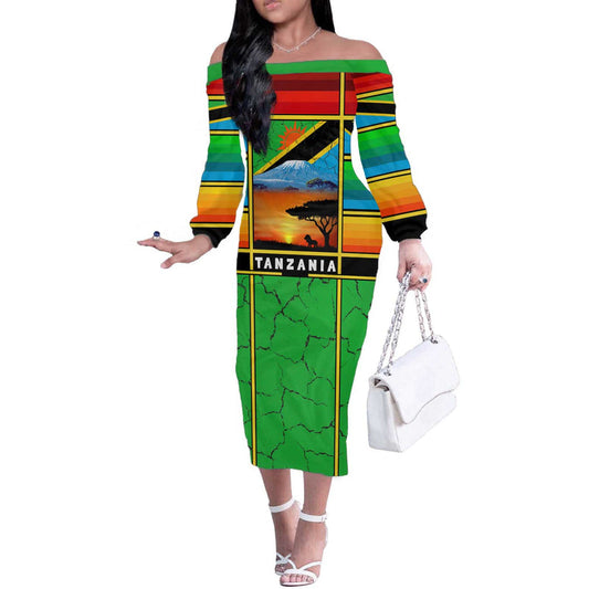 African Sunset Design With Flag Map Mount Kilimanjaro And Wildlife Scene Off The Shoulder Long Sleeve Dress