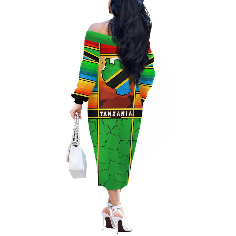 African Sunset Design With Flag Map Mount Kilimanjaro And Wildlife Scene Off The Shoulder Long Sleeve Dress
