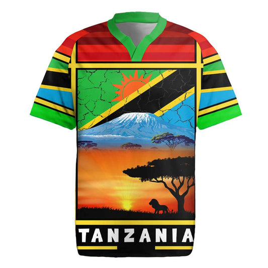 African Sunset Design With Flag Map Mount Kilimanjaro And Wildlife Scene Rugby Jersey