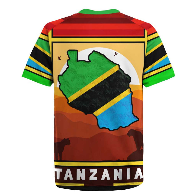 African Sunset Design With Flag Map Mount Kilimanjaro And Wildlife Scene Rugby Jersey