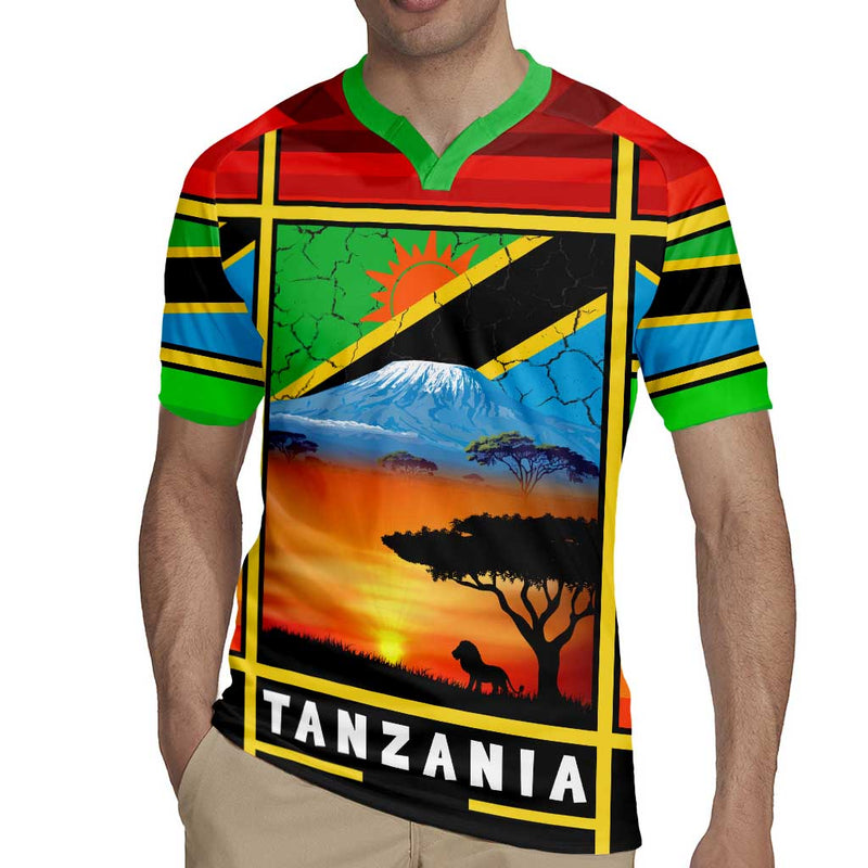 African Sunset Design With Flag Map Mount Kilimanjaro And Wildlife Scene Rugby Jersey