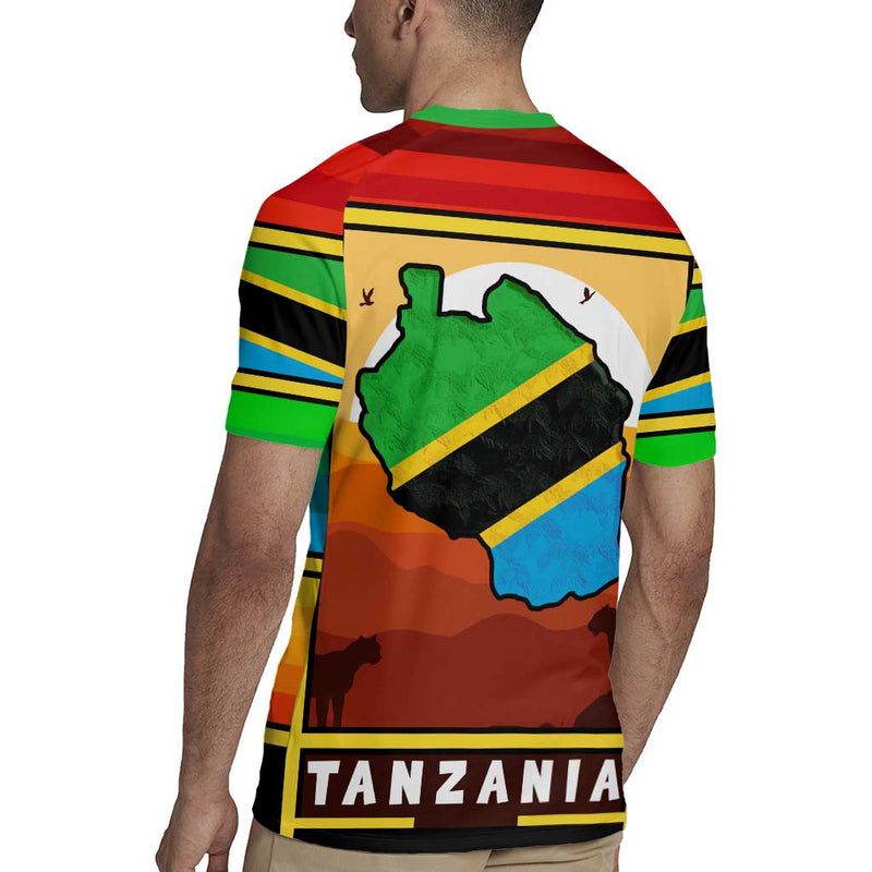 African Sunset Design With Flag Map Mount Kilimanjaro And Wildlife Scene Rugby Jersey