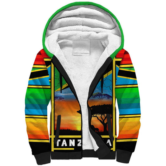 African Sunset Design with Flag Map Mount Kilimanjaro and Wildlife Scene Sherpa Hoodie