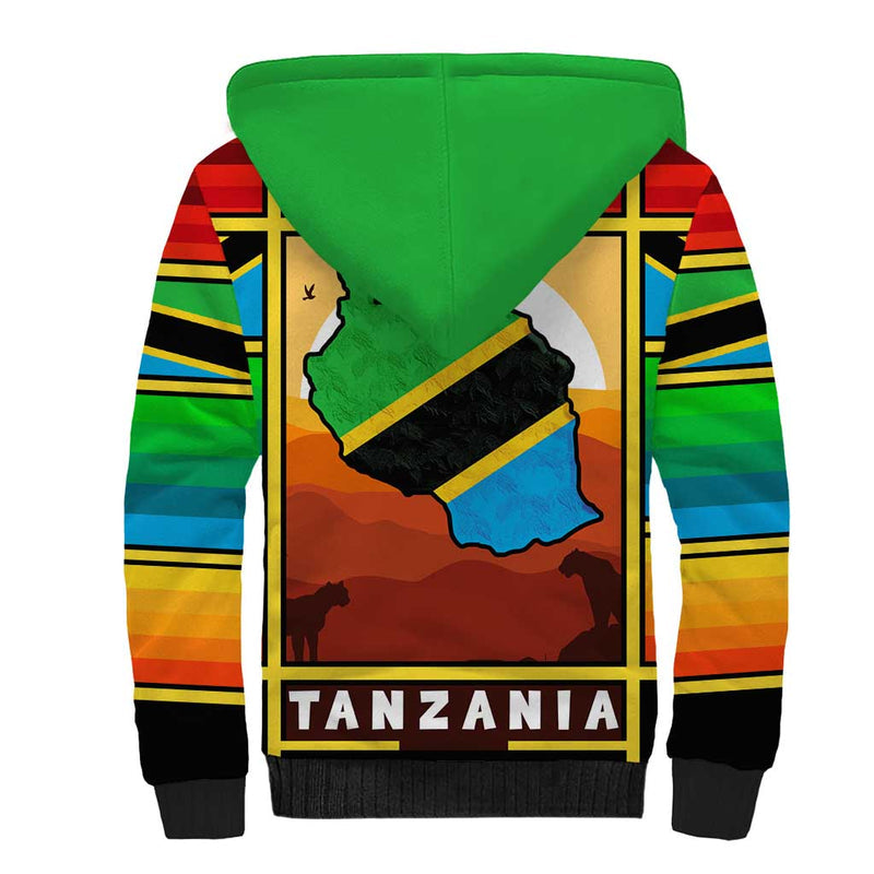 African Sunset Design with Flag Map Mount Kilimanjaro and Wildlife Scene Sherpa Hoodie