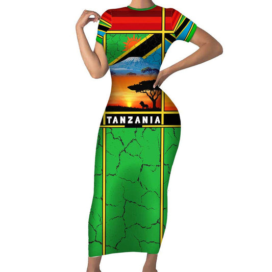 African Sunset Design With Flag Map Mount Kilimanjaro And Wildlife Scene Short Sleeve Bodycon Dress