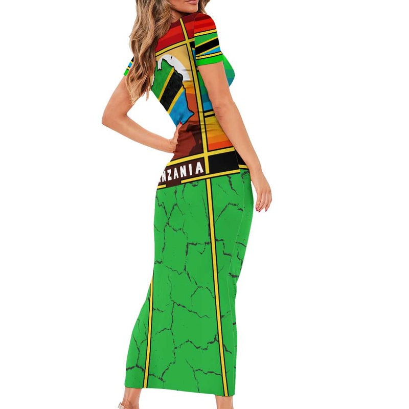 African Sunset Design With Flag Map Mount Kilimanjaro And Wildlife Scene Short Sleeve Bodycon Dress