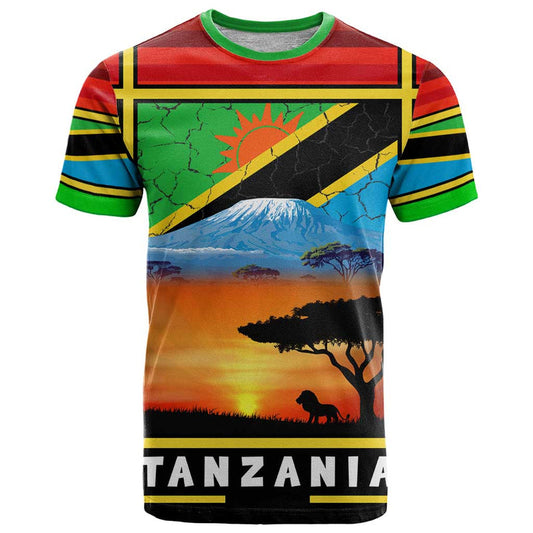 African Sunset Design with Flag Map Mount Kilimanjaro and Wildlife Scene T Shirt