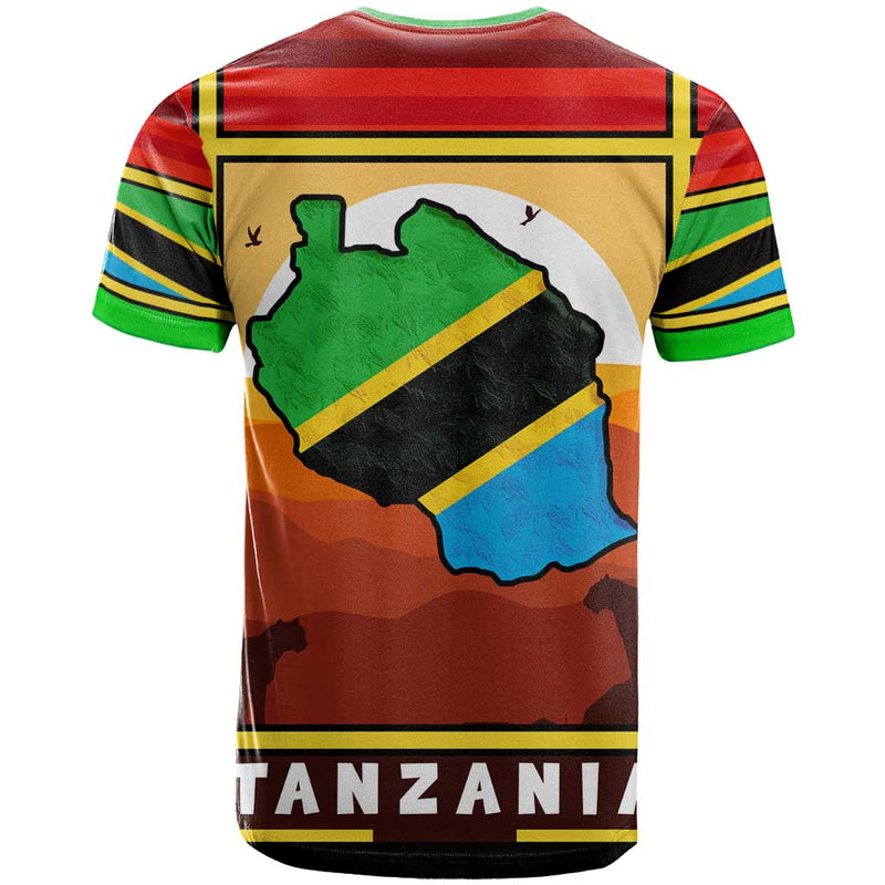 African Sunset Design with Flag Map Mount Kilimanjaro and Wildlife Scene T Shirt