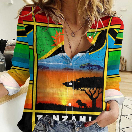 African Sunset Design with Flag Map Mount Kilimanjaro and Wildlife Scene Women Casual Shirt