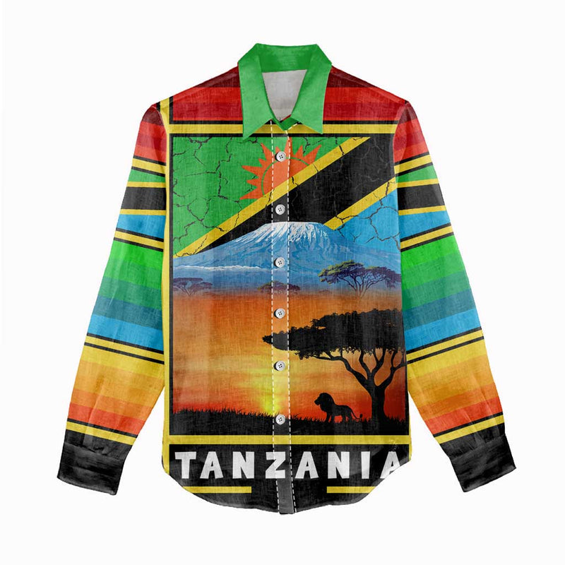 African Sunset Design with Flag Map Mount Kilimanjaro and Wildlife Scene Women Casual Shirt