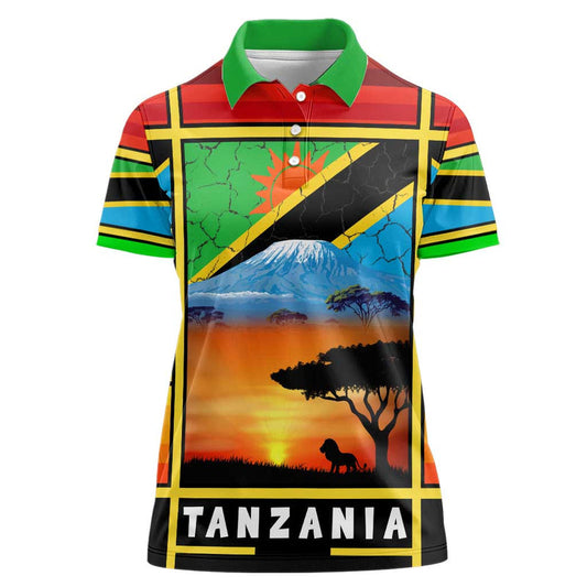 African Sunset Design with Flag Map Mount Kilimanjaro and Wildlife Scene Women Polo Shirt