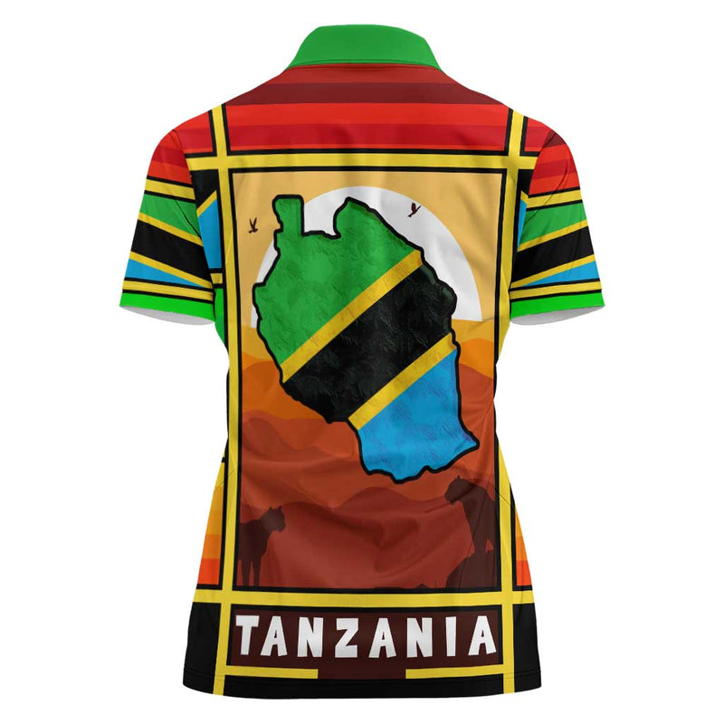 African Sunset Design with Flag Map Mount Kilimanjaro and Wildlife Scene Women Polo Shirt