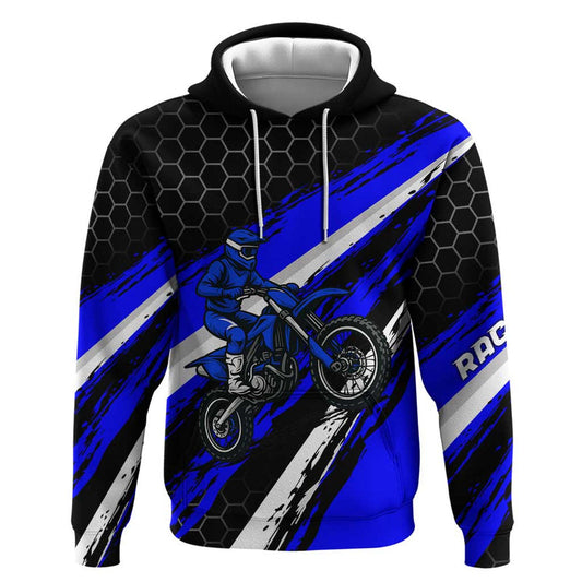 Custom Blue Motocross with Dirt Bike Rider Graphic Design on Honeycomb Pattern Hoodie