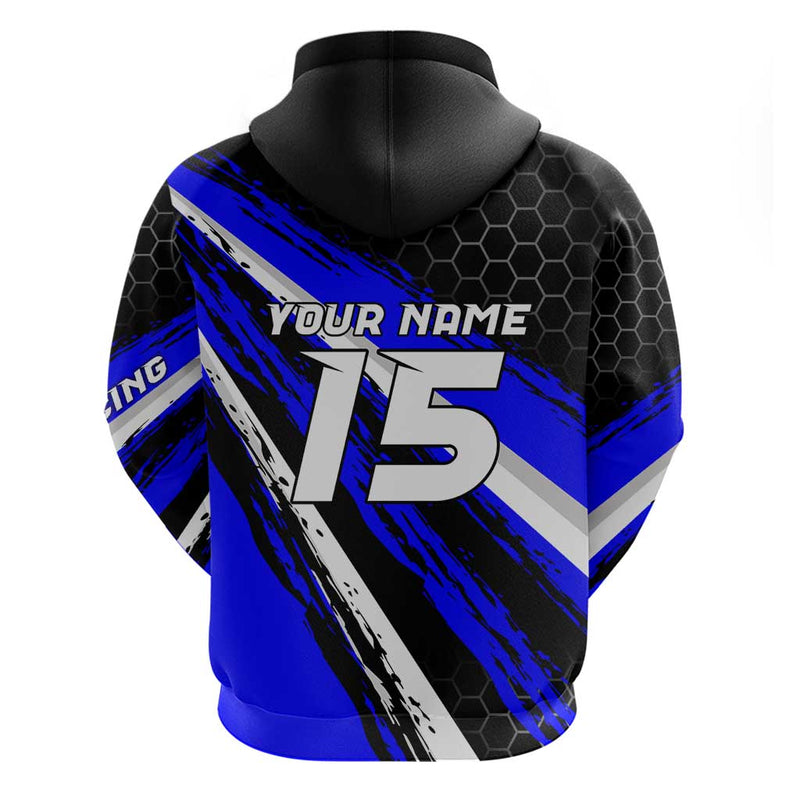 Custom Blue Motocross with Dirt Bike Rider Graphic Design on Honeycomb Pattern Hoodie