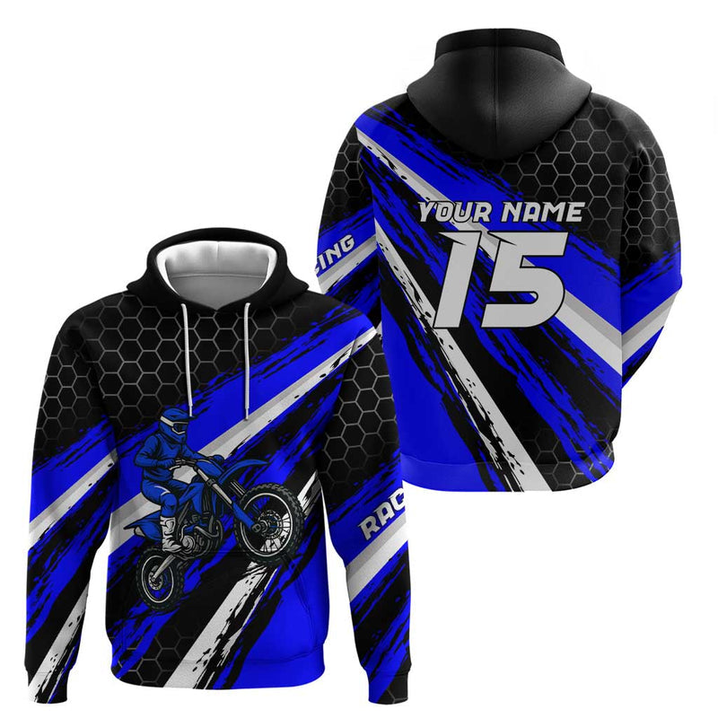 Custom Blue Motocross with Dirt Bike Rider Graphic Design on Honeycomb Pattern Hoodie