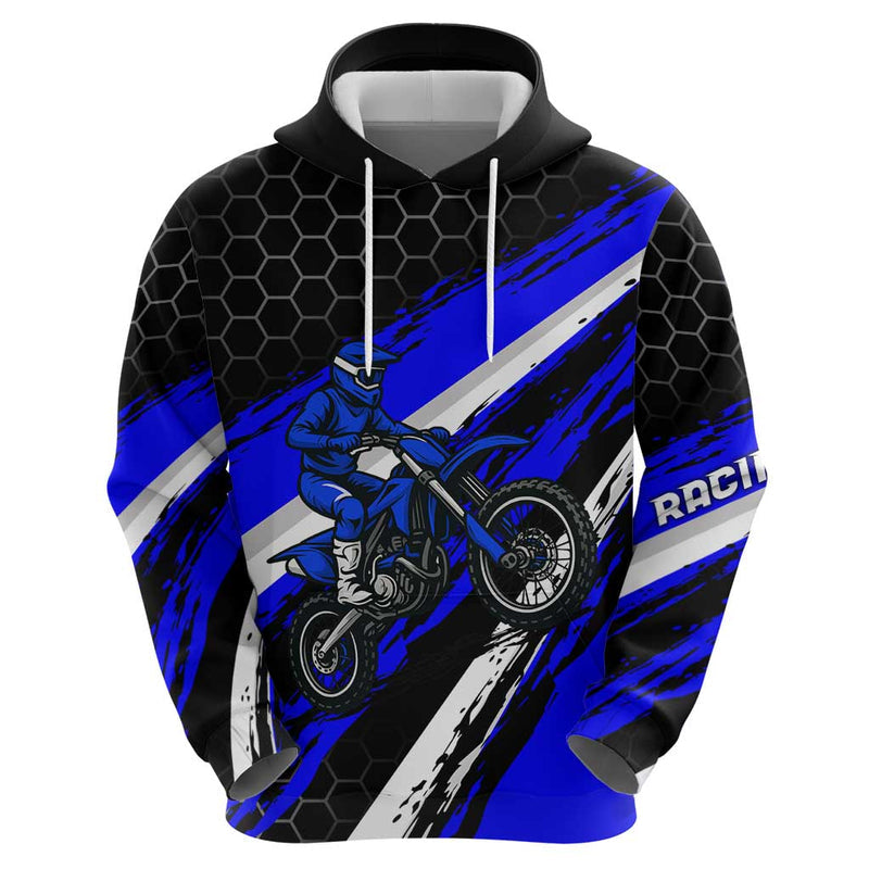 Custom Blue Motocross with Dirt Bike Rider Graphic Design on Honeycomb Pattern Hoodie