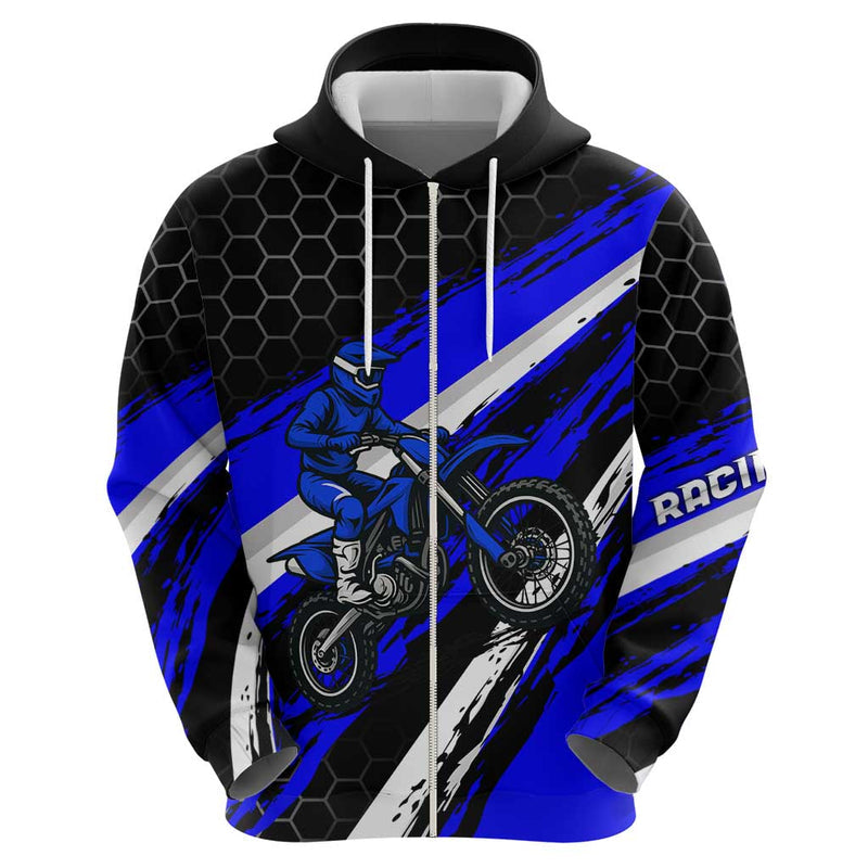 Custom Blue Motocross with Dirt Bike Rider Graphic Design on Honeycomb Pattern Hoodie