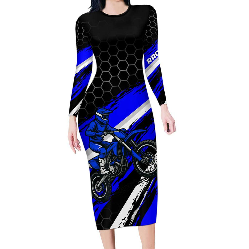 Custom Blue Motocross With Dirt Bike Rider Graphic Design On Honeycomb Pattern Long Sleeve Bodycon Dress